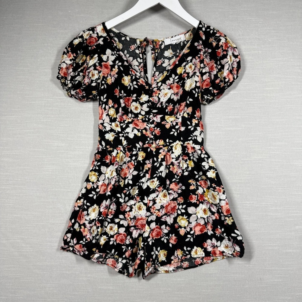 Louna Romper Womens XS Black Floral Boho Casual Cottage Core Romantic Rose